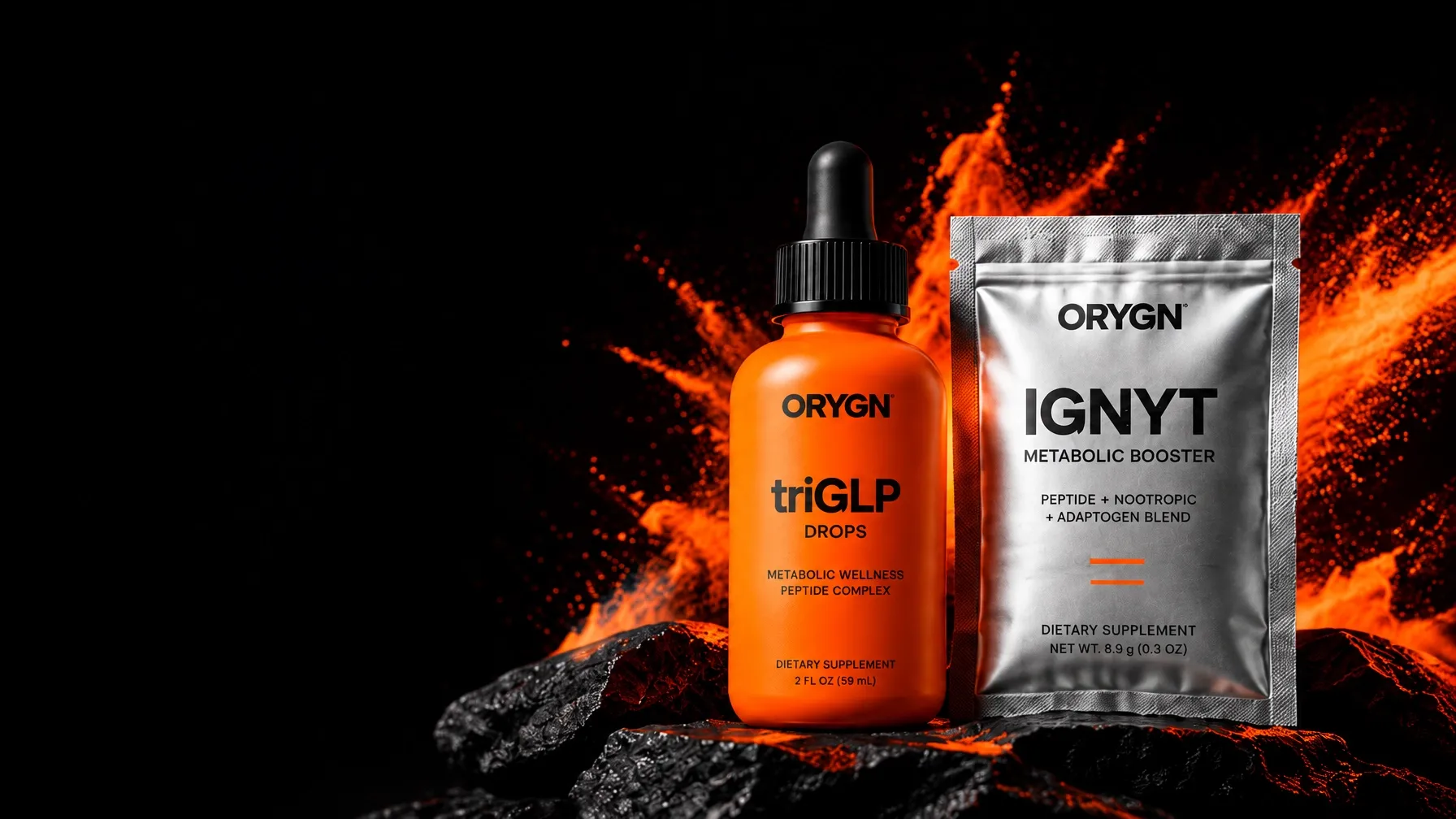 triGLP Drops bottle and IGNYT Metabolic Booster pouch on volcanic rock